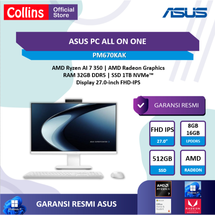 Asus PC AIO PM670KAK AMD Ryzen AI 7 350 RAM 32GB SSD 1TB W11+OHS 27.0FHD IPS K+M WLESS WHITE  -W7310