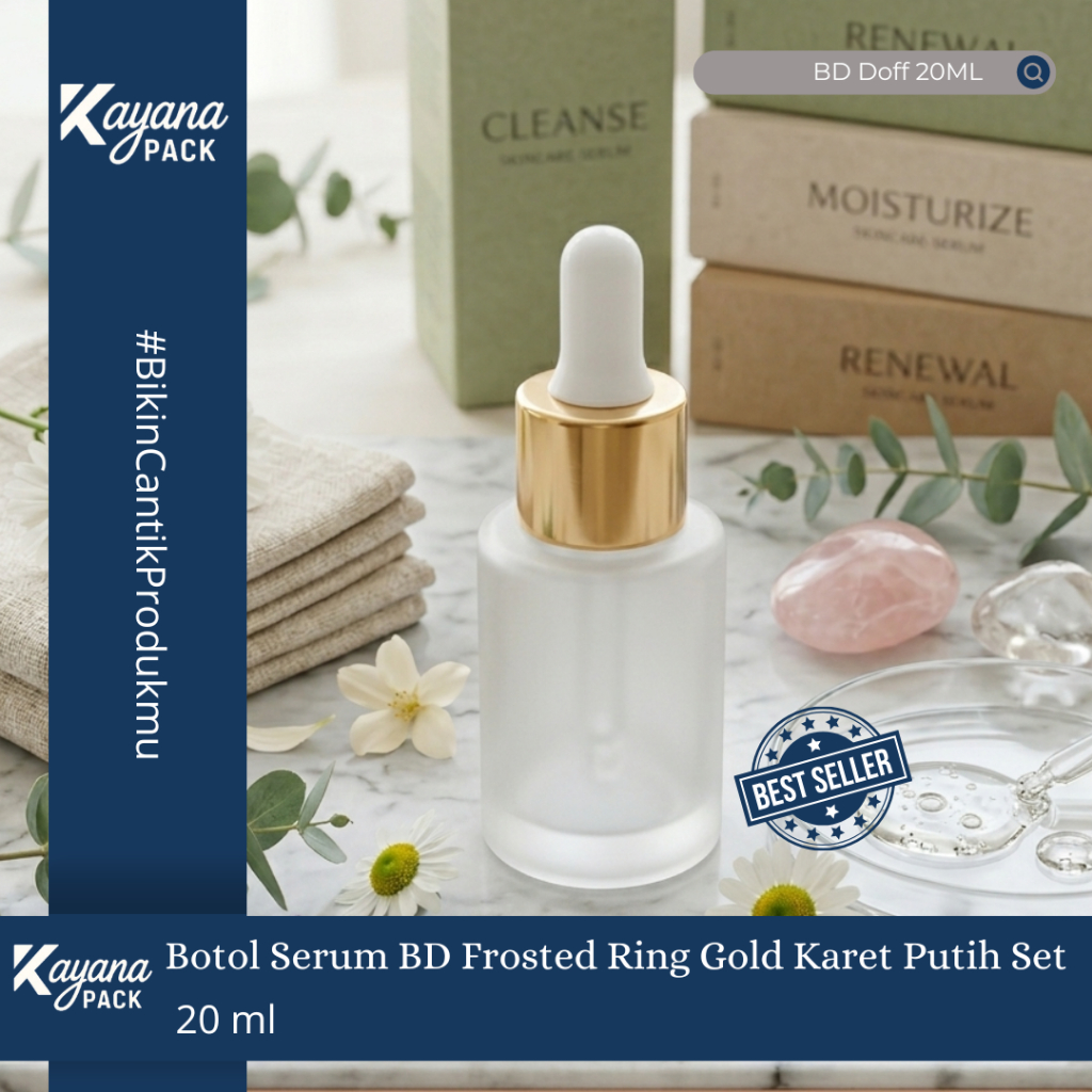 BOTOL PIPET SERUM KACA FROSTED DOFF 20ML RING GOLD KARET PUTIH SET / BOTOL KACA DOFF 20 ML RING GOLD