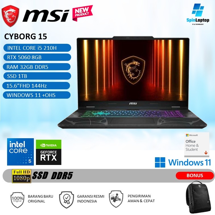 Laptop Gaming MSI CYBORG 15 RTX5060 8GB/ CORE I5 210H RAM 32GB 1TB Laptop Gaming Performa
