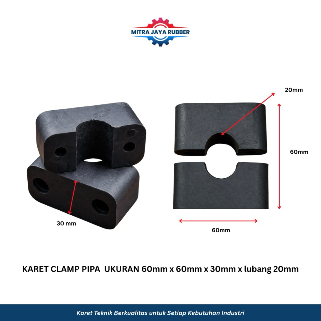 Karet Clamp Pipa 60x60x30mm Lubang 20mm | Karet Penjepit Pipa Anti Getar