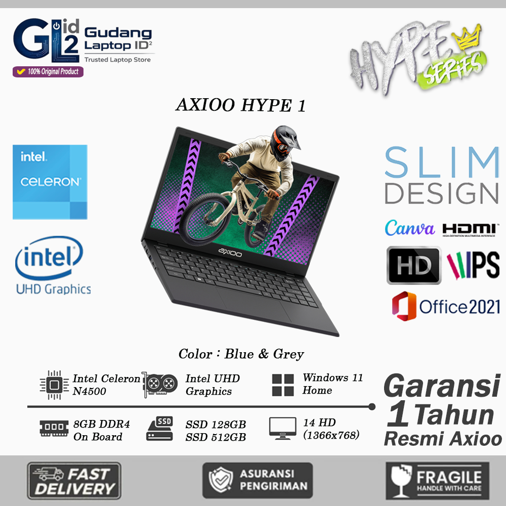 Laptop Resmi AXIOO MYBOOK HYPE 1 INTEL N4020 8GB 512GB SSD Windows 11 Home Original