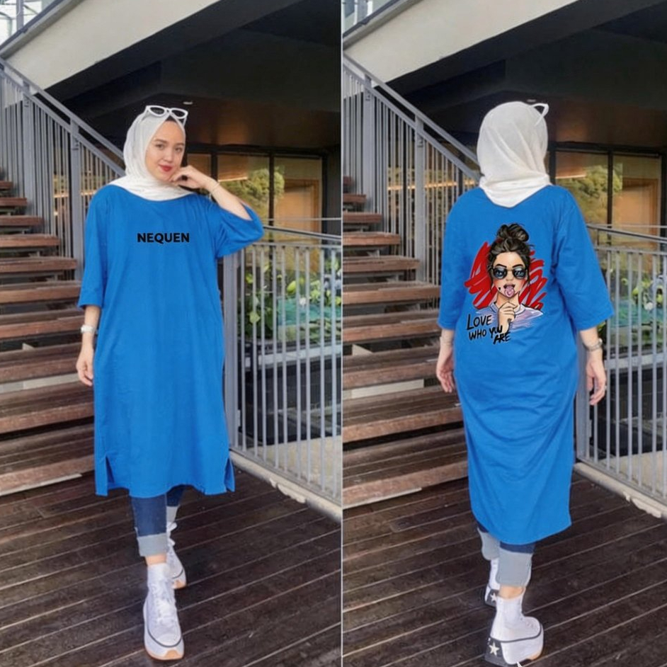 Nequen cloth Original Long Tunik Kaos Jumbo Combat 20s Printed Allsize Hitam Putih Denim Lime Fuchia