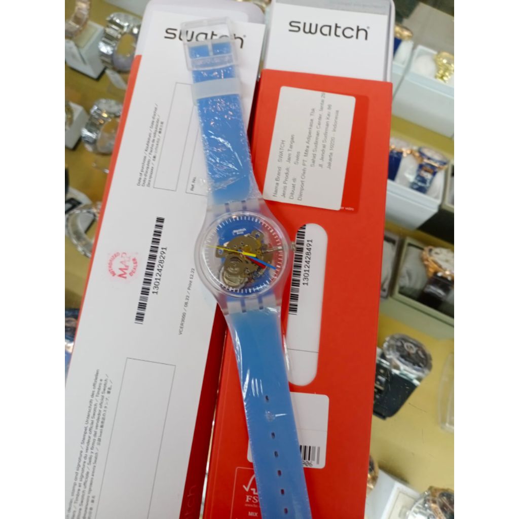 Swatch SUOK156 Blue Jelly Original Swiss Made Jam Tangan Transparan Skeleton Biru Garansi Resmi 41mm