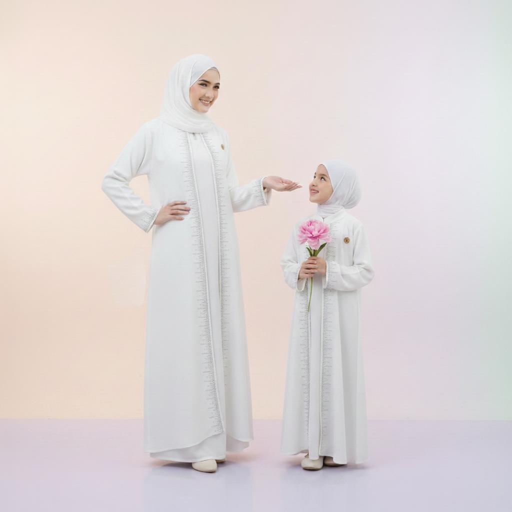 Khanza Gamis Abaya Putih Couple Ibu Dan Anak Perempuan Kombinasi Swaroski Terbaru Cocok Jalan & Acar