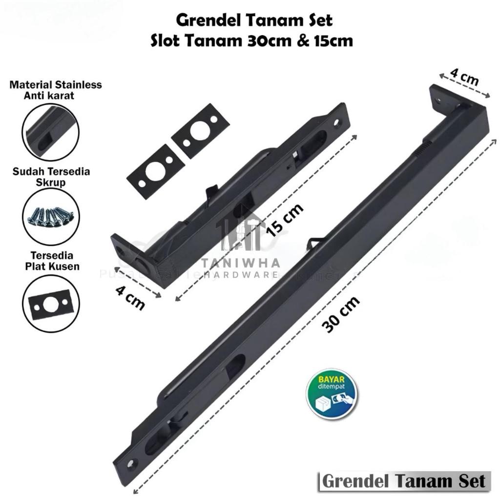 Grendel Tanam Hitam Slot Pintu Tanam Panjang 30 cm Satu set Stainlees Tebal