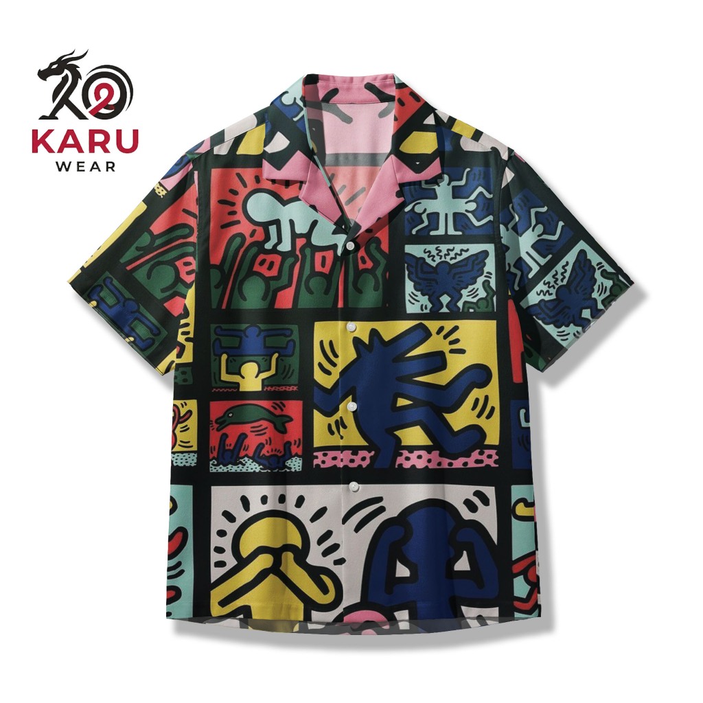 Kemeja Unisex Keith Haring Style - Karu Wear Streetwear Aesthetic Colorful Doodle Casual Shirt Atasa