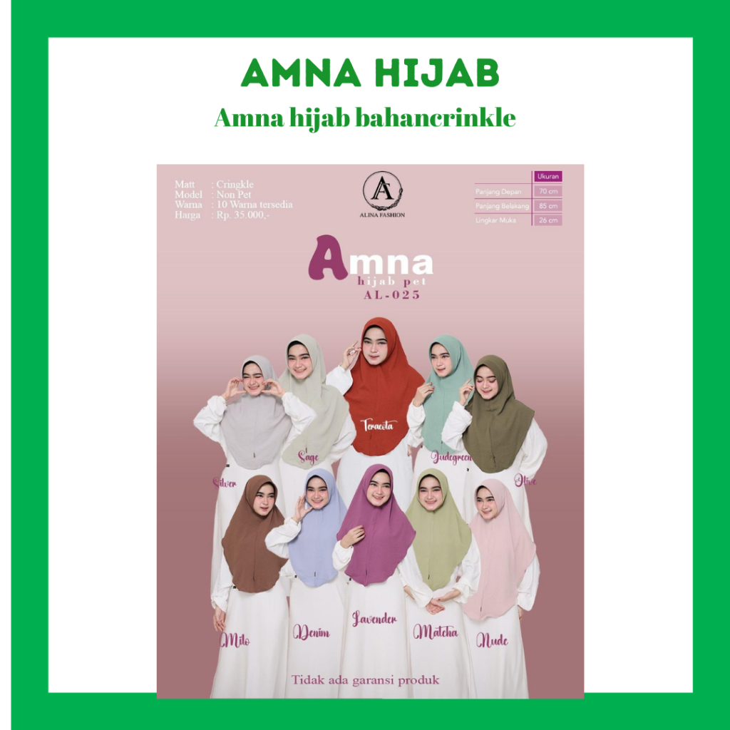 AMNA HIJAB - NADIA PASTAN - ALINA FASHION - BAHAN CRINGKEL AIRFLOW - HIJAB INSTANT