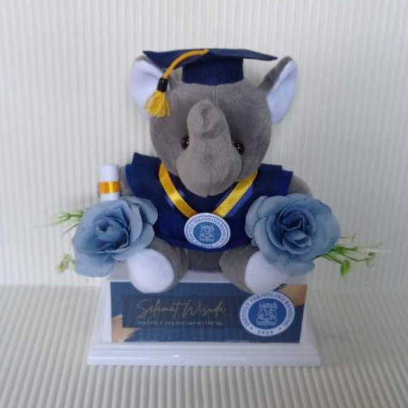 Piala Boneka Wisuda Edisi Spesial ITB Seragam Toga Biru Dengan Medali dan Bunga