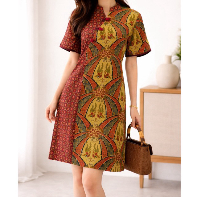 PRELOVED Batik Keris Red Traditional Print Short Sleeve Midi Dress Formal Fashion Wanita