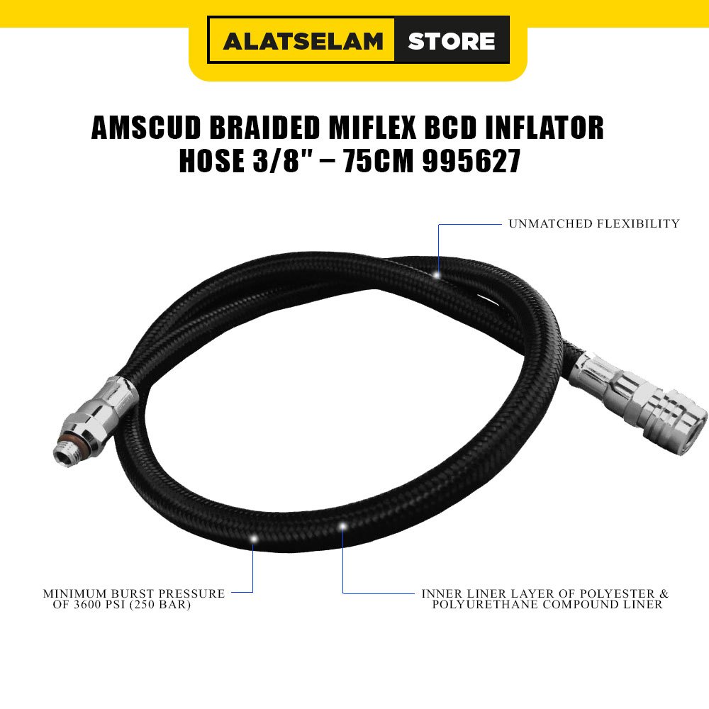 AmScuD Brainded Miflex BCD Inflator Hose 3/8inch – 75cm 995627 / Peralatan Scuba / Aksesoris BCD Sel
