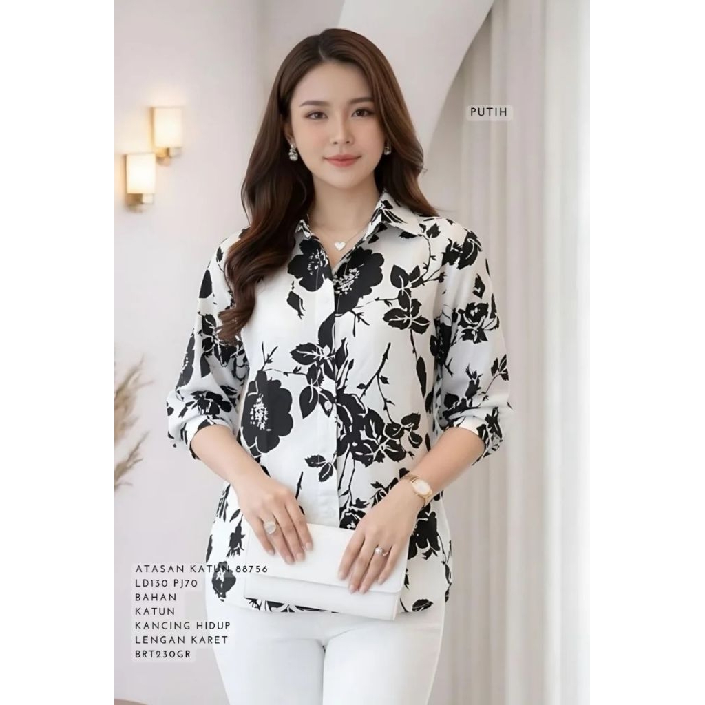 88756 / DS 97006 ATASAN KATUN LD 130CM / KEMEJA JUMBO BUNGA HITAM PUTIH