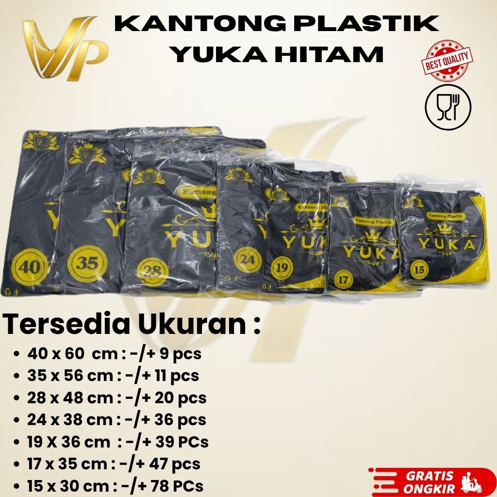Kantong Plastik HDPE YUKA Hitam Tebal Kuat Berbagai Ukuran 15–40 cm Tas Kresek Besar Kecil Serbaguna