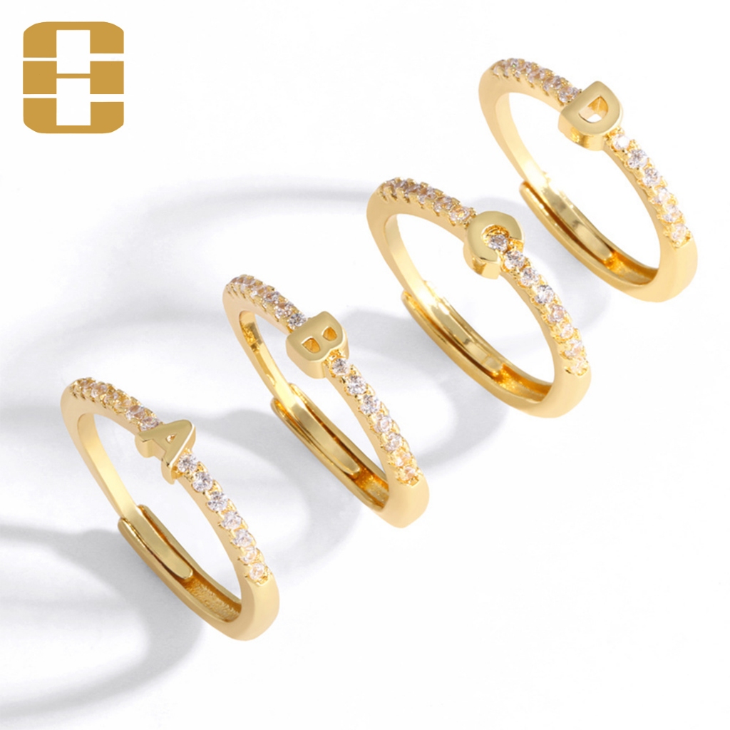 HUICUI Cincin Titanium Berlian Wanita Lapis Emas Huruf A Sampai Z Wanita Fashion Cincin Anti Luntur 