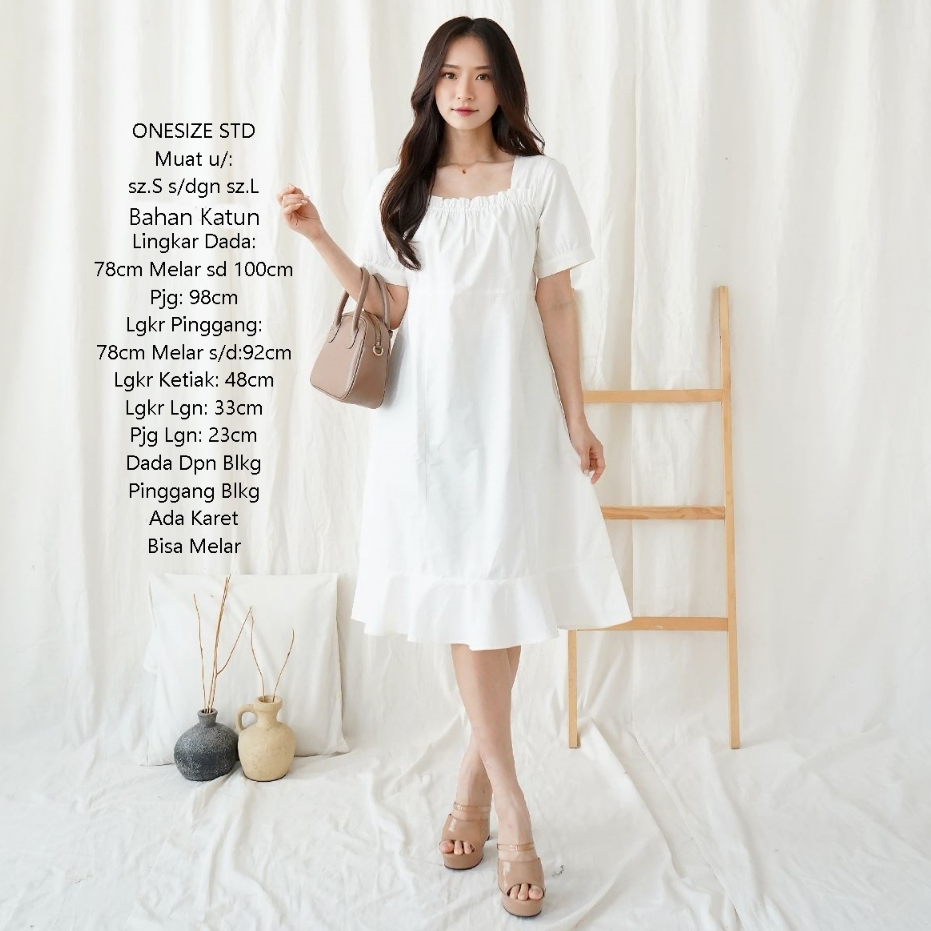 Baju Midi Dress Lebaran Putih White Long Dress Korean Style Basic Dress Wanita Vintage Gaun Terusan 
