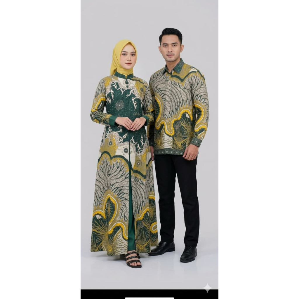 COUPLE GAMIS BATIK MODEL BUKA DEPAN LAPISAN POLOSAN KATUN TOYOBO DAN KEMEJA LENGAN PANJANG BAHAN DOB