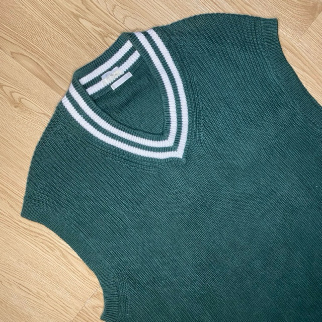VEST KNIT RAJUT GU AKADEMIA HIJAU BOTOL LIST PUTIH OVERSIZE
