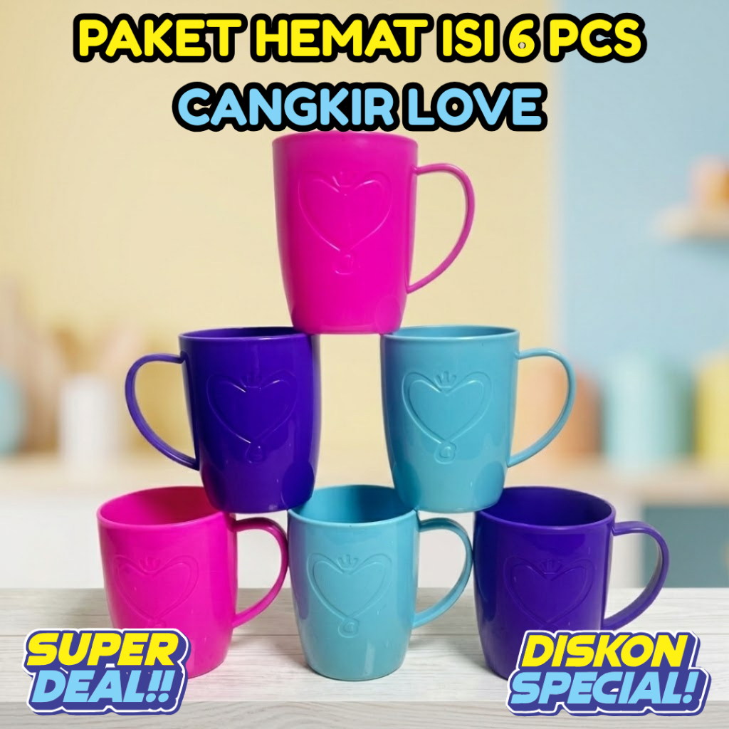 Grosir Paket Hemat isi 6 Cangkir Mug Love Polos Plastik Tebal BPA Free