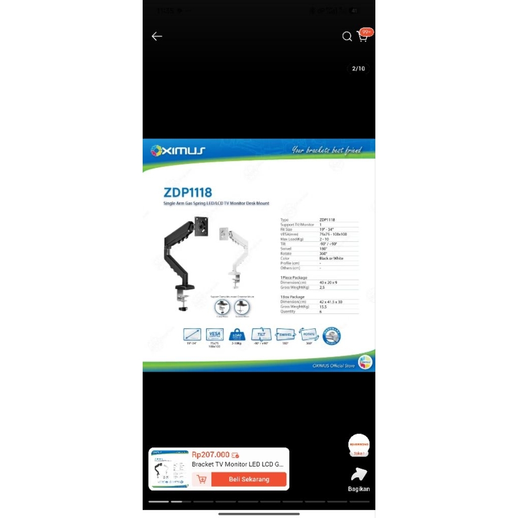 bracket monitor oximus zdp1118 hitam