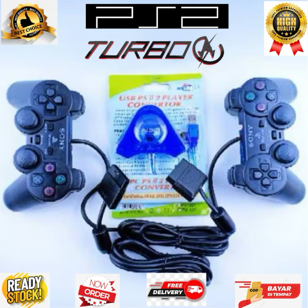 HEMAT STICK PS2 Paket Hemat 2 Stik Getar untuk Konsol PS2 dengan Konverter USB 2 Slot Paket Hemat 2 