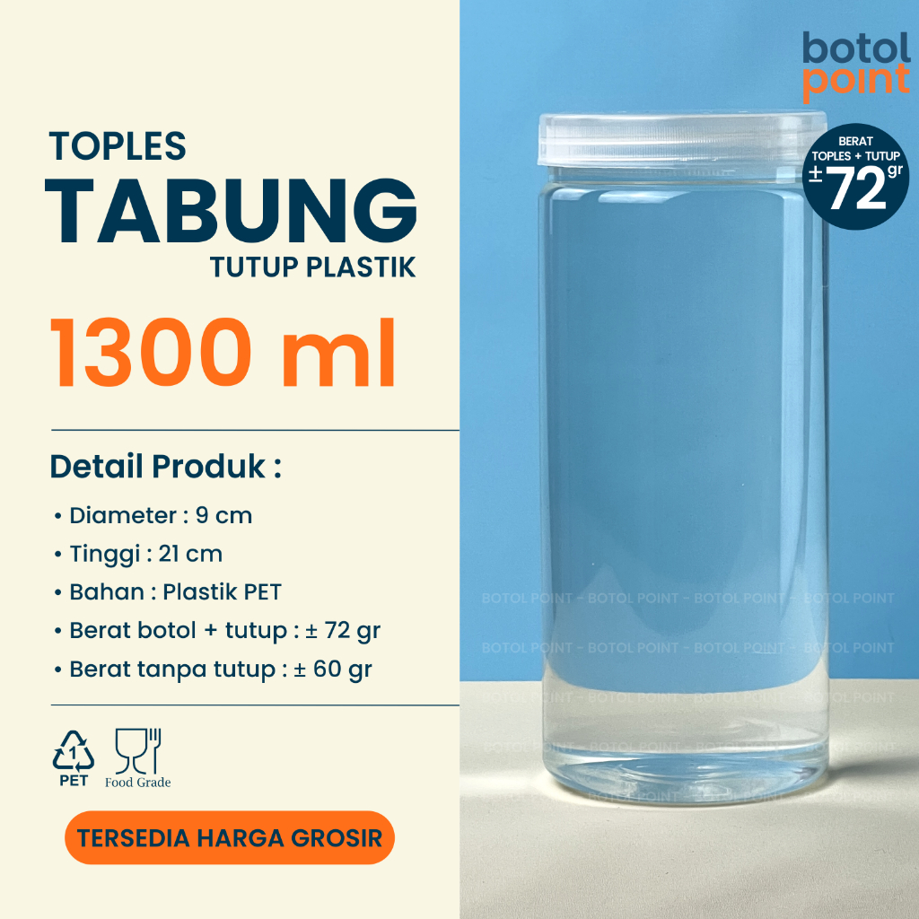 Toples Tabung 1300 ml TUTUP PLASTIK - GROSIR - Toples plastik 1300ml - Kemasan Makanan Kue Kering