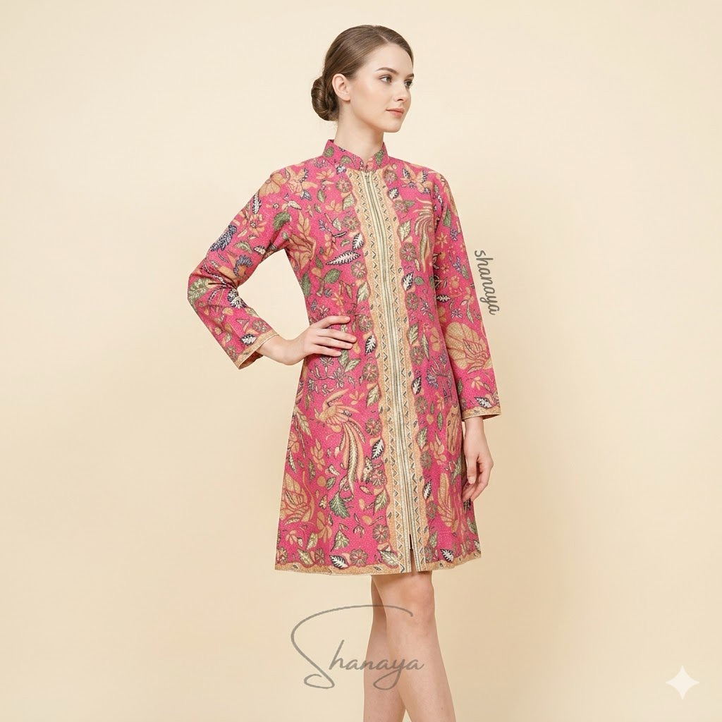 Shanaya Batik Tunik Zipper Miranda Red Pink Batik Kerja Cantik