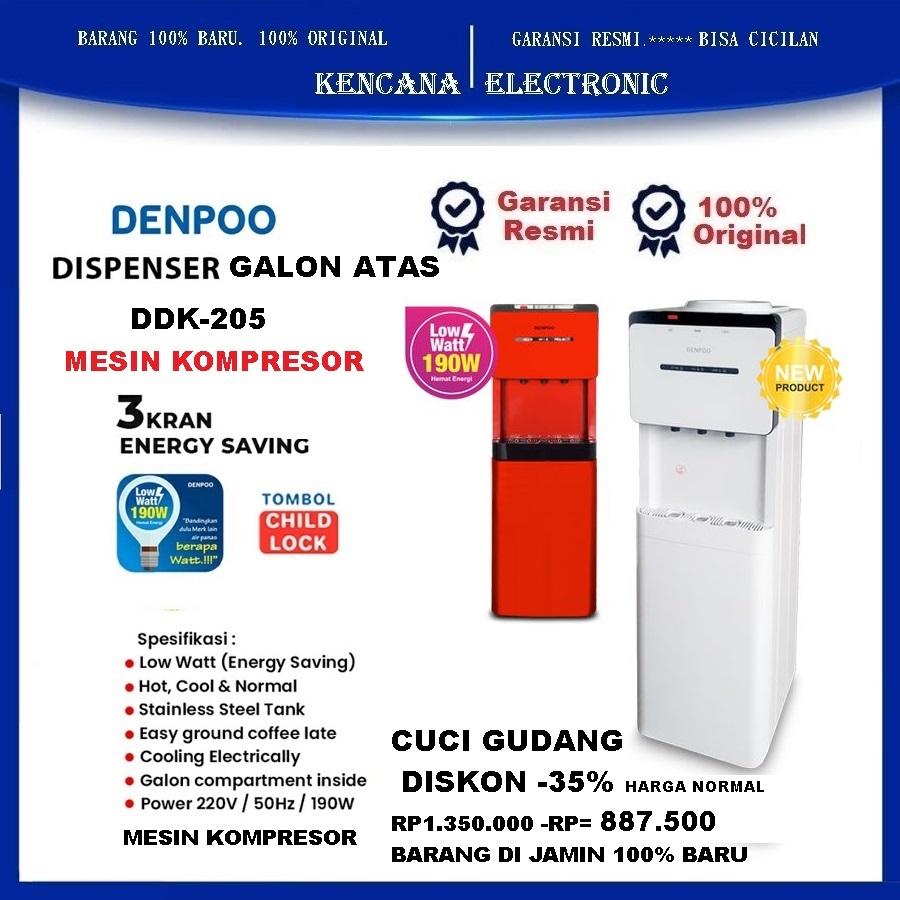 DENPOO DISPENSER GALON ATAS 3KRAN PANAS .NORMAL.DINGIN MESIN KOMPRESOR LOWWAT 190W