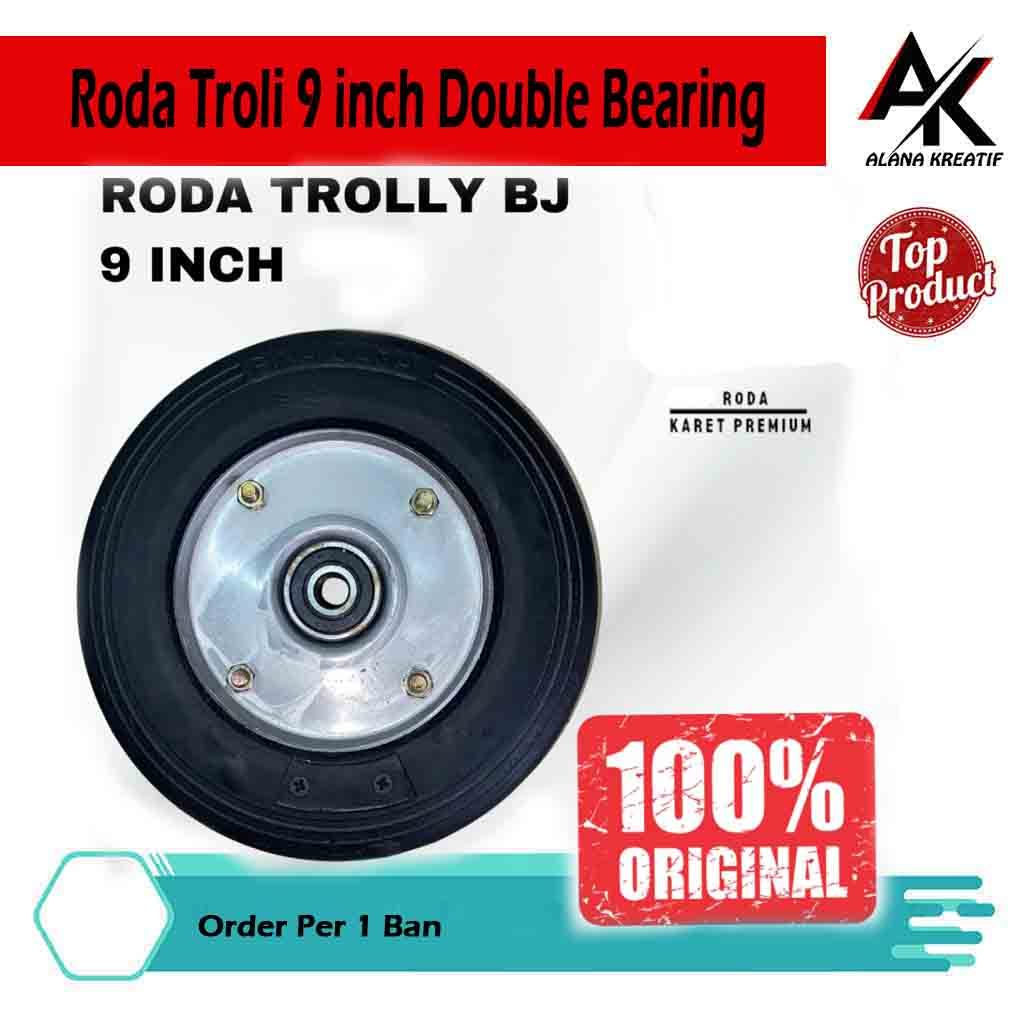 Roda Troli 9 inch Double Bearing Velg Besi Laher 6204 Full Karet Premium / Roda Troli 9 inch