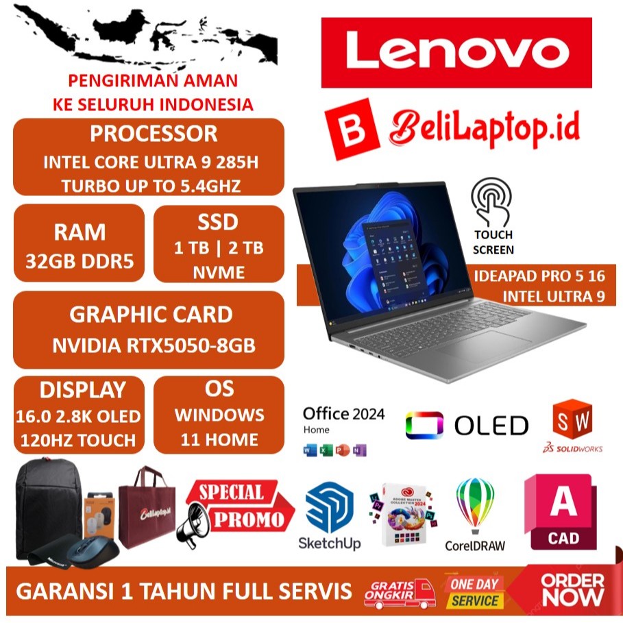LAPTOP GAMING LENOVO IDEAPAD PRO 5 16 INTEL ULTRA 9 285H 32GB DDR5 1TB RTX5050-8GB 2.8K OLED 120HZ T