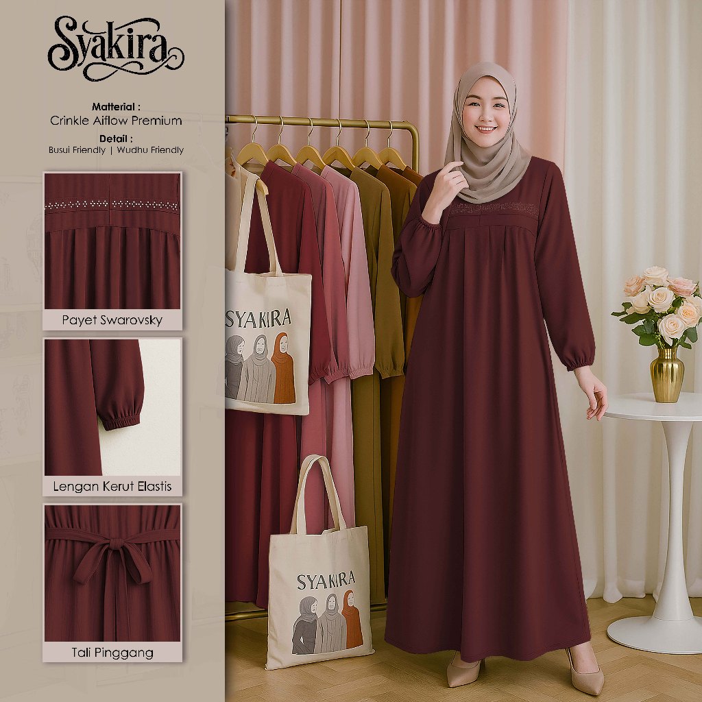 Gamis Muslim Payet Minimalis Crinkle Airflow – Dress Lebaran & Kondangan Elegan