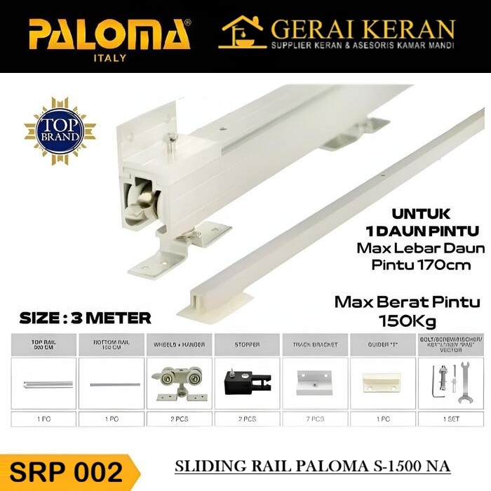 PALOMA SRP 002 Rel Rail Sliding Pintu Geser Alumunium Aluminium 3 meter 1 Daun Pintu Kayu Kaca Silve