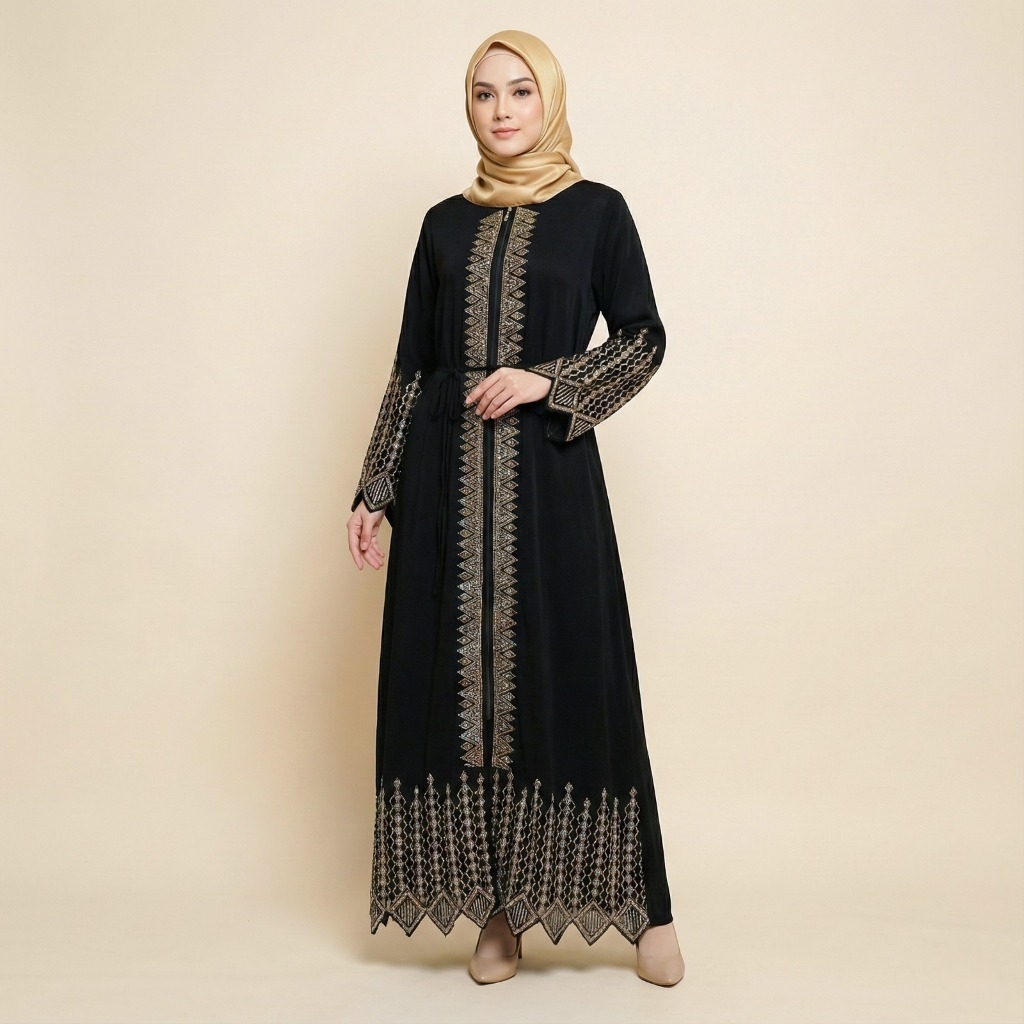 Gamis Wanita Mewah Farasya SQ Bahan Jet Black LD 100-112 cm PJ 143 cm Size M L XL XXL Warna Black Ab