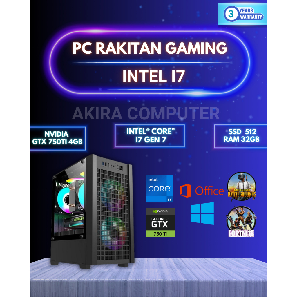 PC GAMING i7 GEN 7 + GTX 750 TI | RAM 32GB |PC I3 I5 I7 |PC RAKITAN I7 GEN 7 - i3 7100 3,9GHz, DDR4 