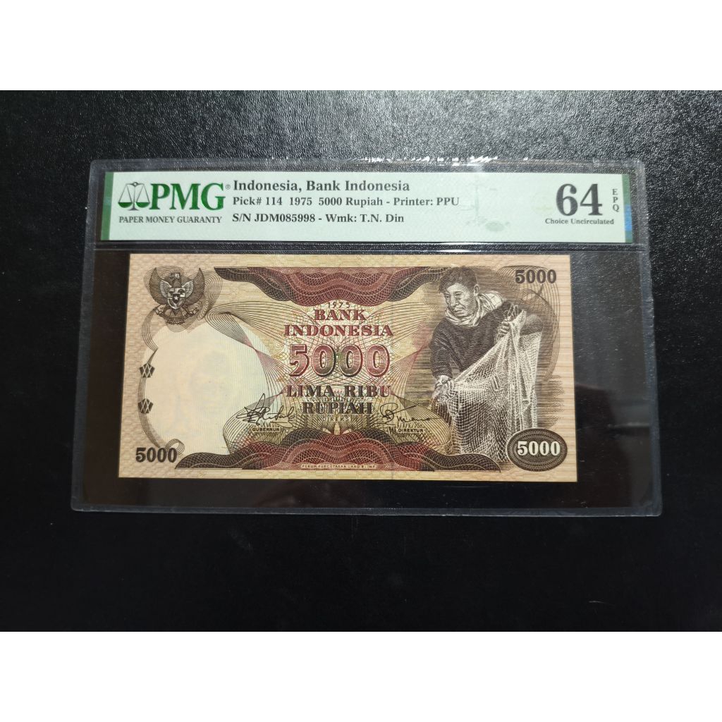 Uang kertas kuno 5000 rupiah tahun 1975 seri penjala Pmg 64