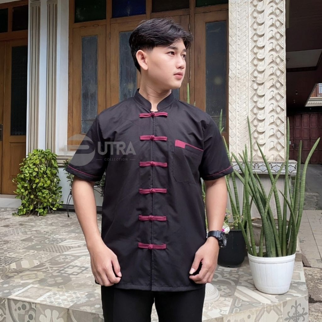 Kemeja Cheongsam Pria Modern Hitam List Maroon - Kemeja Imlek Cowok