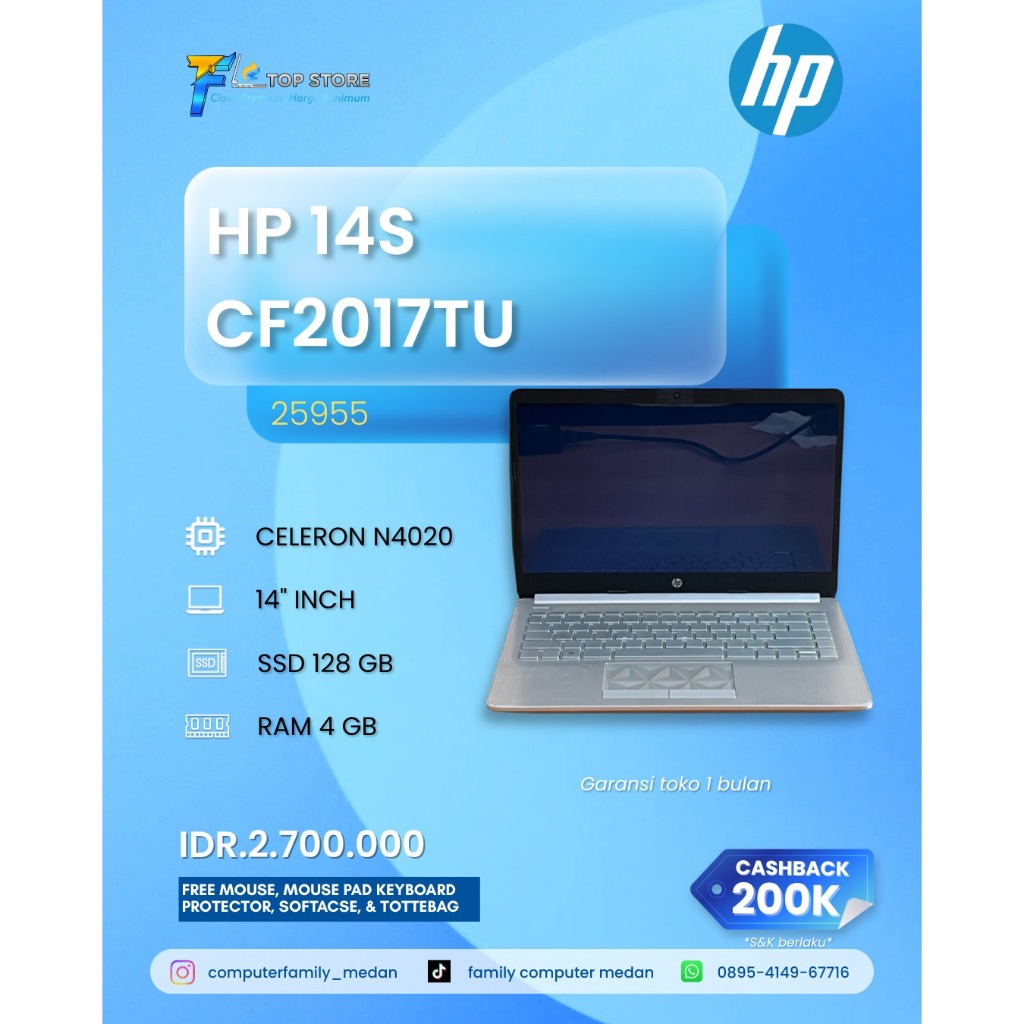 LAPTOP HP 14S-CF2017TU 14INC INTEL CELERON N4020 RAM 4GB SSD 128GB-BACKLITE-MULUS