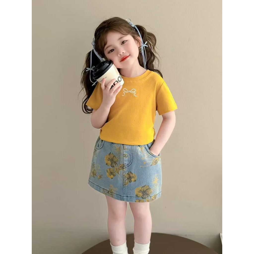 Setelan Demiland Kuning rok jeans bunga