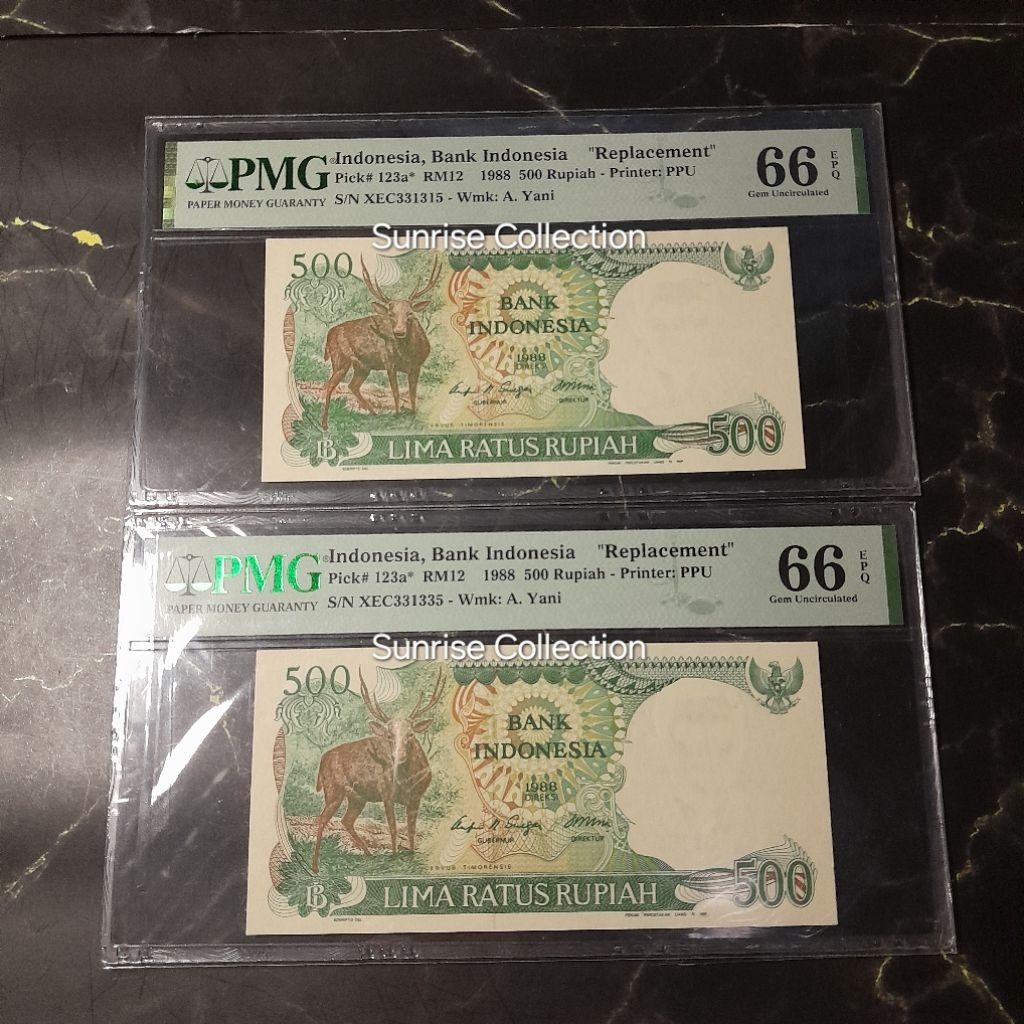 Uang Kuno Indonesia PMG 66 EPQ 500 Rupiah Rusa Kijang Tahun 1988 Seri X Replacement