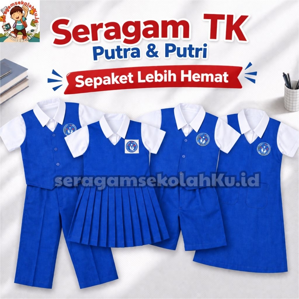 Seragam TK Biru Benhur Baju Sekolah PAUD Putra Putri Nasional Setelan Rompi Rok Pendek Celana Pendek