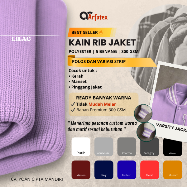 Kain rib bur ungu muda polyester premium untuk jaket varsity colorfull bisa custom