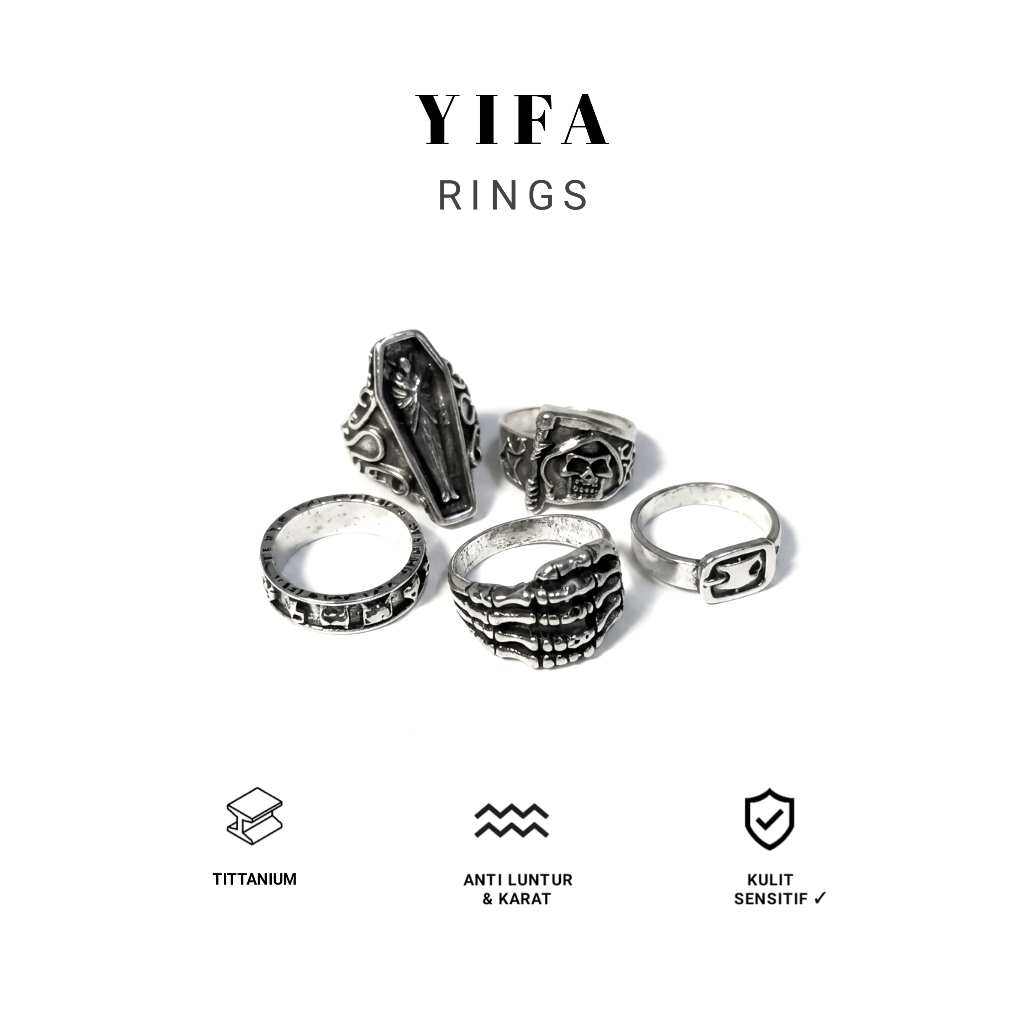 Herauve Yifa Cincin Titanium Set / 5pcs Star Cross Hanskull Chest Cincin Silver Titanium Unisex 5Pcs