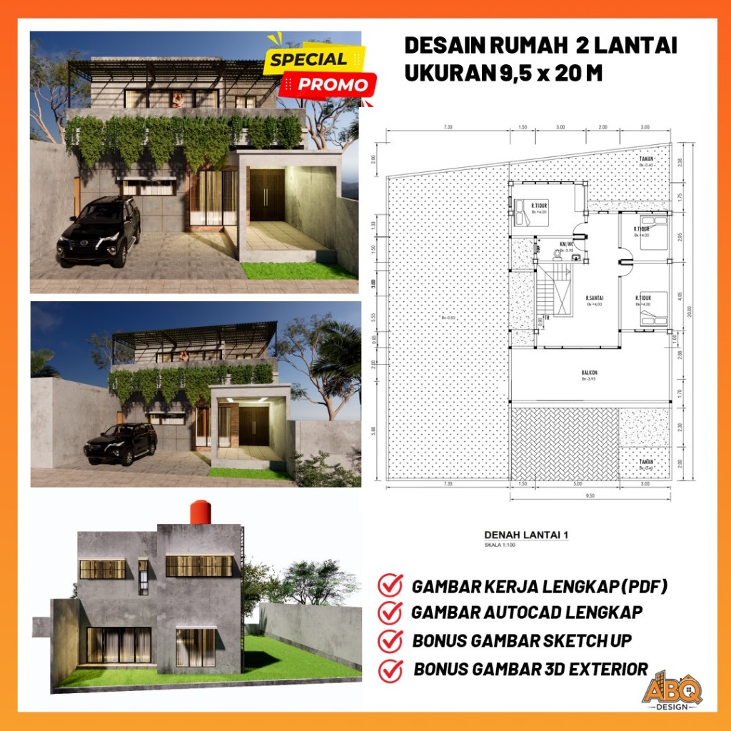 Paket Desain Rumah  2 Lantai Ukuran 9,5 x 20 meter 5 Kamar Tidur
