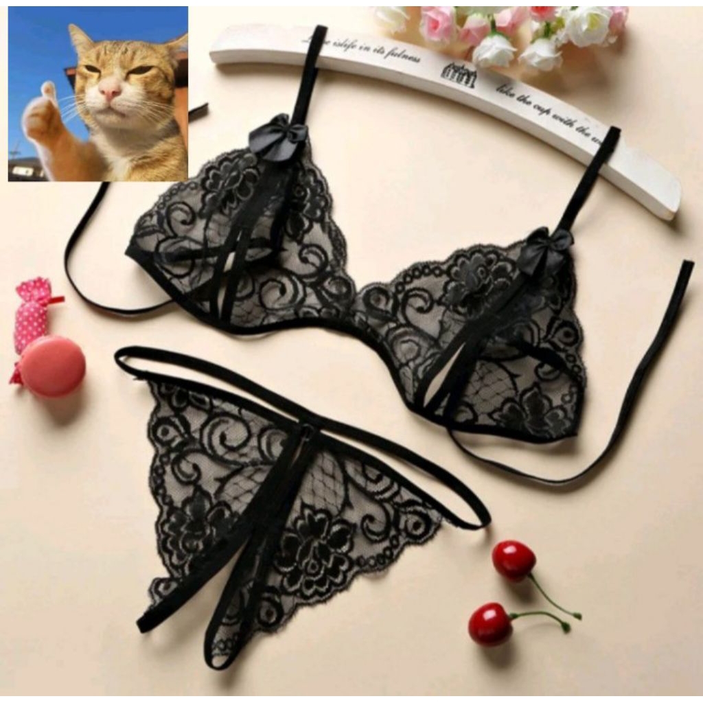 Set Bra Lingerie Sexy BH & Celana Dalam Open Crotch Lace Transparan Serly