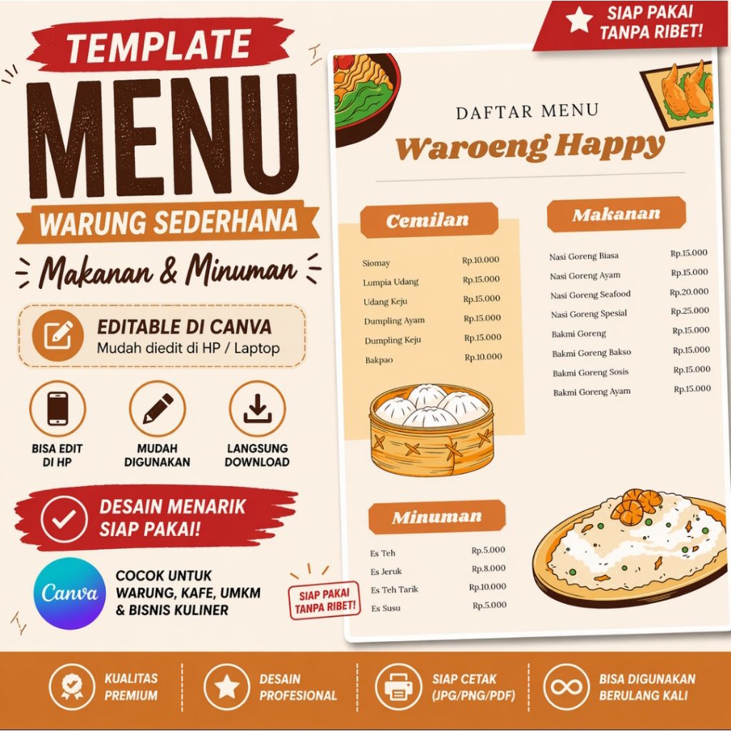 Template Menu Warung Sederhana – Editable Canva | Menu Makanan UMKM Murah