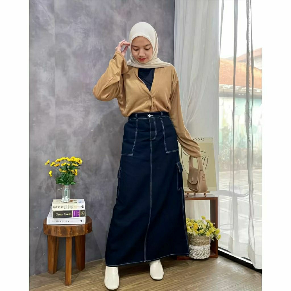 Rok Cargo Jeans Wanita / Rok Jeans Cargo / Rok Cargo Wanita Panjang / Rok Jeans Premium tebal