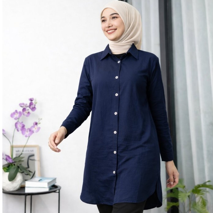 Tunik Wanita Polos Navy Lengan Panjang Kancing Depan Basic Formal Casual Muslimah Kekinian | Tunik W