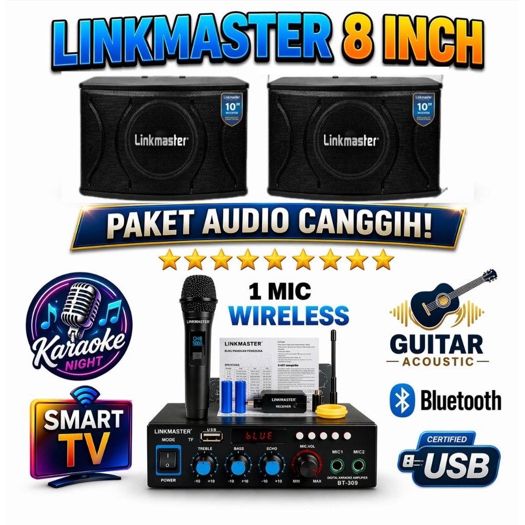 Paket Karaoke Speaker linkmaster 8" Suara Cocok Karaoke Dlm Ruangan