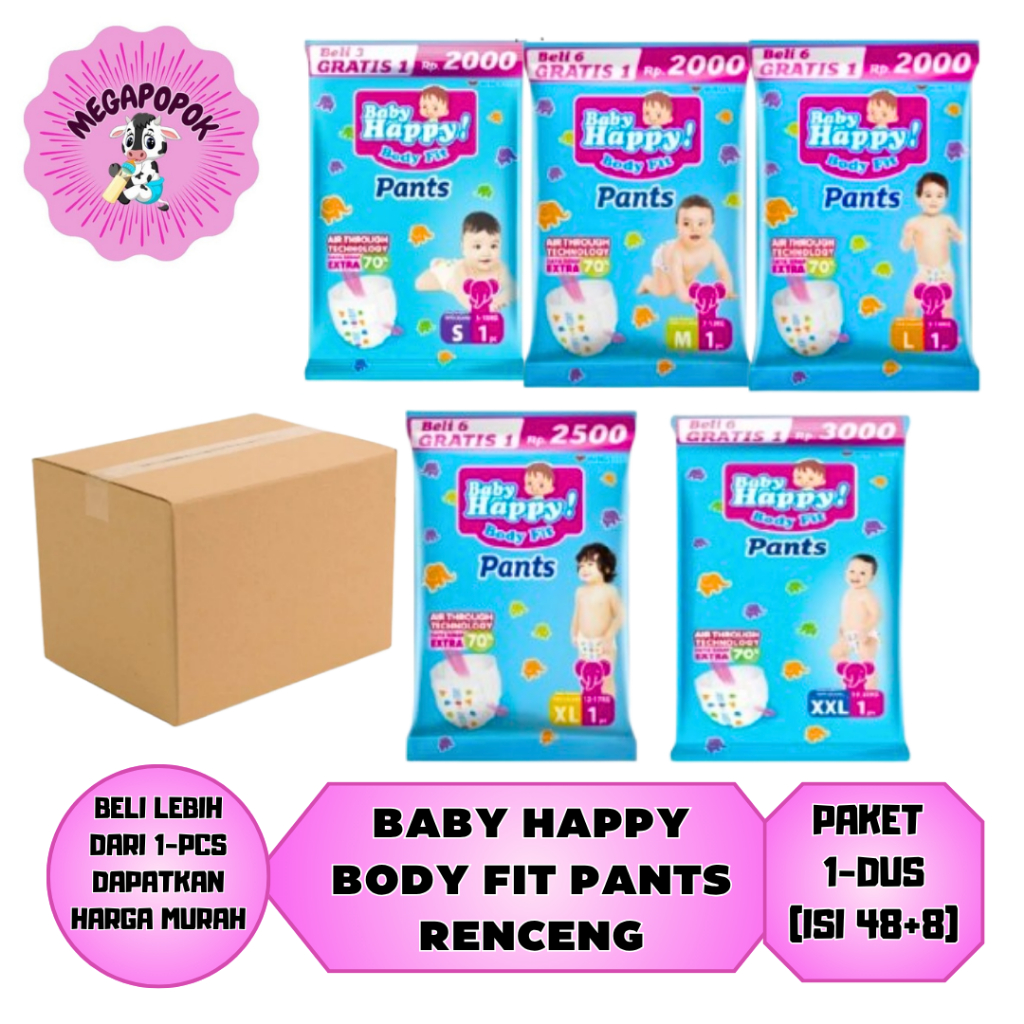{POPOK MURAH} 1-DUS Baby Happy Body Fit Pants/Celana RENCENG 48+8 'Sacheet  S1/M1/L1/XL1/XXL1/Megapo