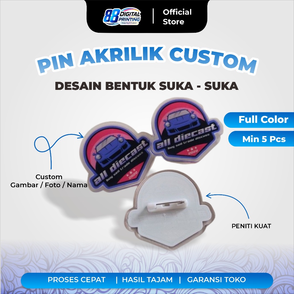 Pin Akrilik Custom UV / Custom Akrilik UV Logo / Pin Arilik Karakter / Pin Akrilik Nama