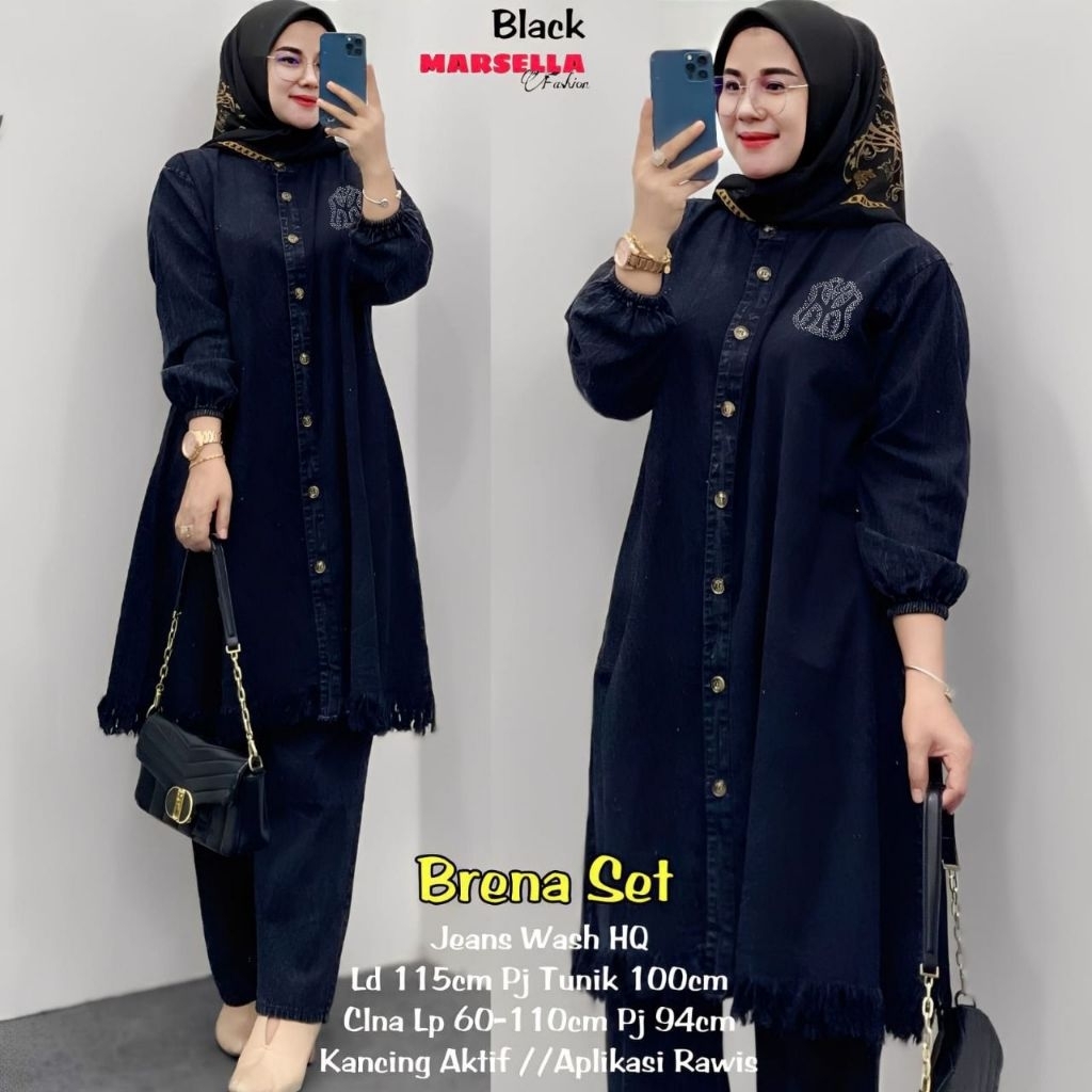 SETELAN LONG TUNIK JUMBO/BRENA/ONESET LONG TUNIK JEANS WASH HQ JUMBO LD 115 CM FIT X