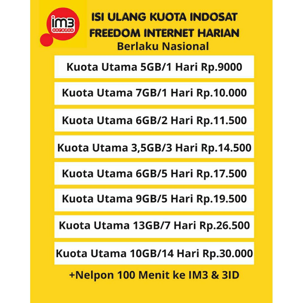 Kuota Internet Indosat IM3 Freedom harian Tanpa Pembagian